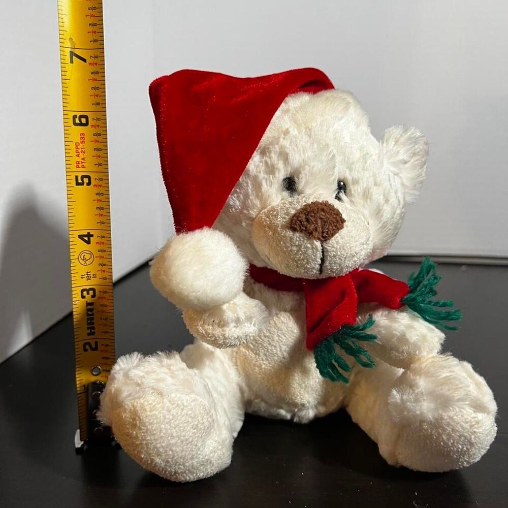 Holiday White Teddy Bear Plush Red Velvet Santa Hat Scarf Christmas Decor 7 Inch